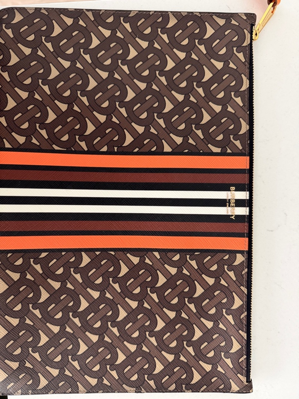 Burberry Brown TB Monogram Stripe Zip Pouch with Orange Accent